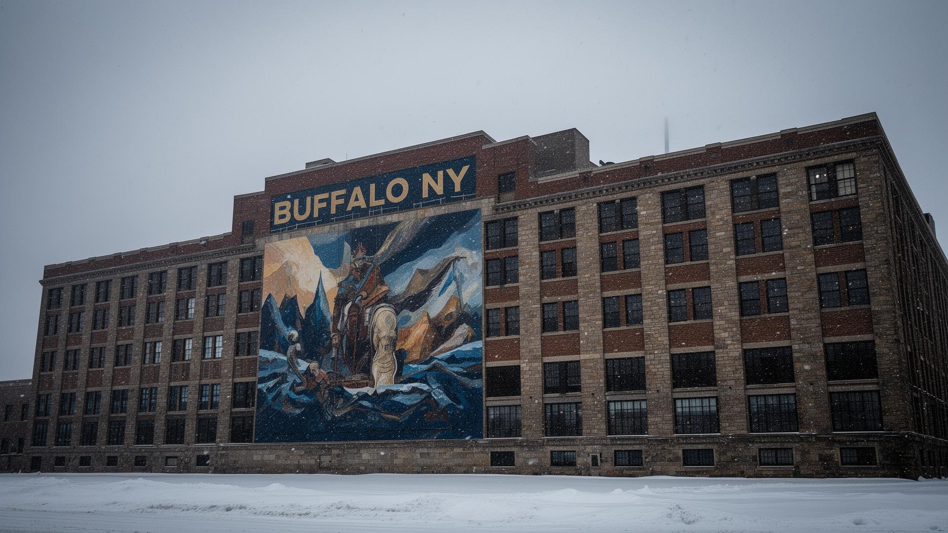 Industrial Buffalo brick building with a public mural under a heavy winter sky